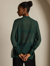 [Dark Green] SilkSilky  Long Sleeve Lapel Collar Women's Blouse 002