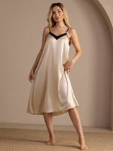 Cream silk contrast V-neck spaghetti strap midi nightgown with black trim