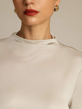 Beige pure silk short sleeve mock neck women's T-shirt with smooth drape