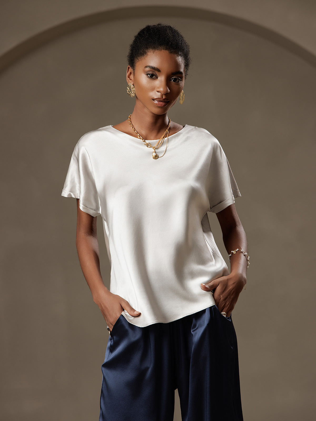 [Light Gray] SilkSilky  Short Sleeve Boat Neck Women's T-Shirt 001