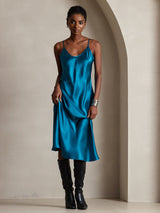 [Teal] SilkSilky  Spaghetti Strap V Neck Dress 004