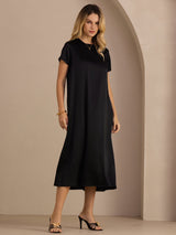 [Black] SilkSilky  Short Sleeve Crew Neck Dress 005