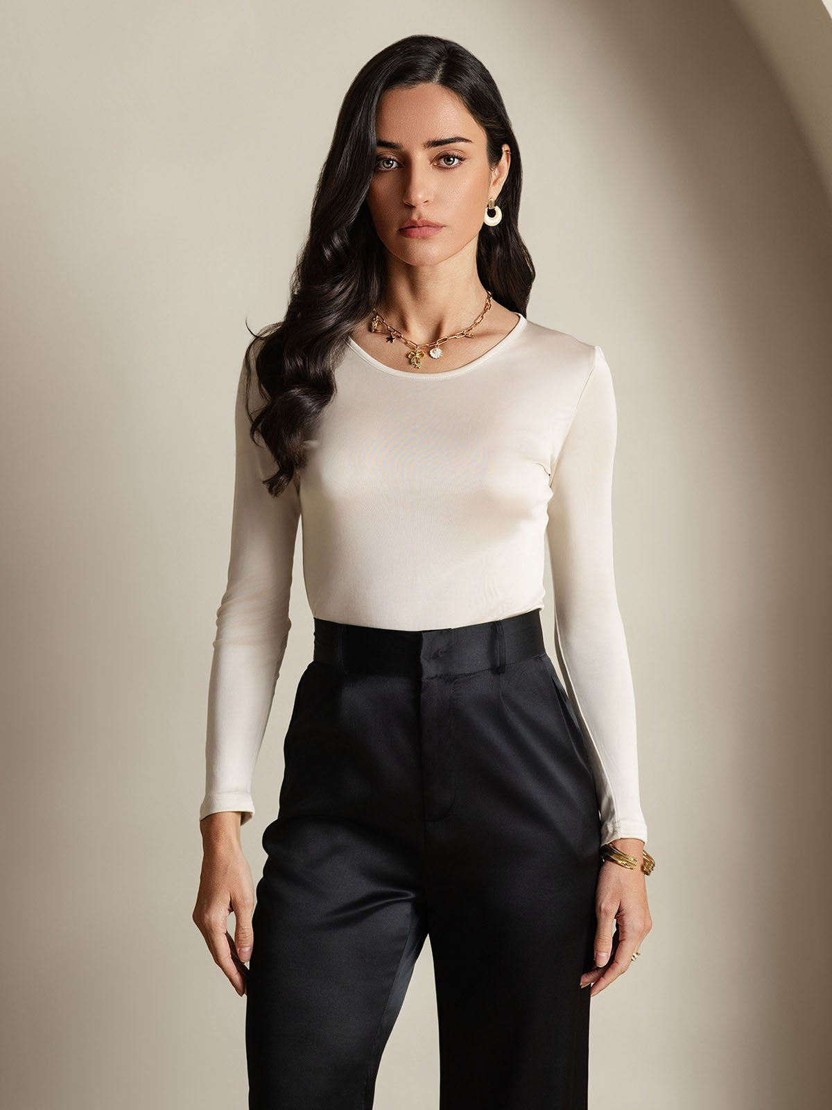[Beige] SilkSilky  Long Sleeve Round Neck Women's T-Shirt 001