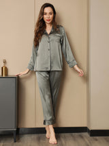 [Grayish Green] SilkSilky  Long Sleeve Lapel Collar Women's Pajamas 003