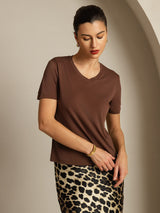 [Coffee] SilkSilky  Short Sleeve V Neck Women's T-Shirt 006