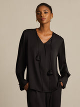 [Black] SilkSilky  Long Sleeve V Neck Women's Blouse 001