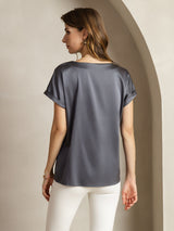 [Dark Gray] SilkSilky  Short Sleeve Boat Neck Women's T-Shirt 002
