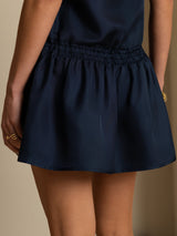 Navy blue mulberry silk sleeveless short dress with adjustable drawstring waist