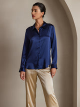 [Dark Blue] SilkSilky  Long Sleeve Lapel Collar Women's Shirts 001
