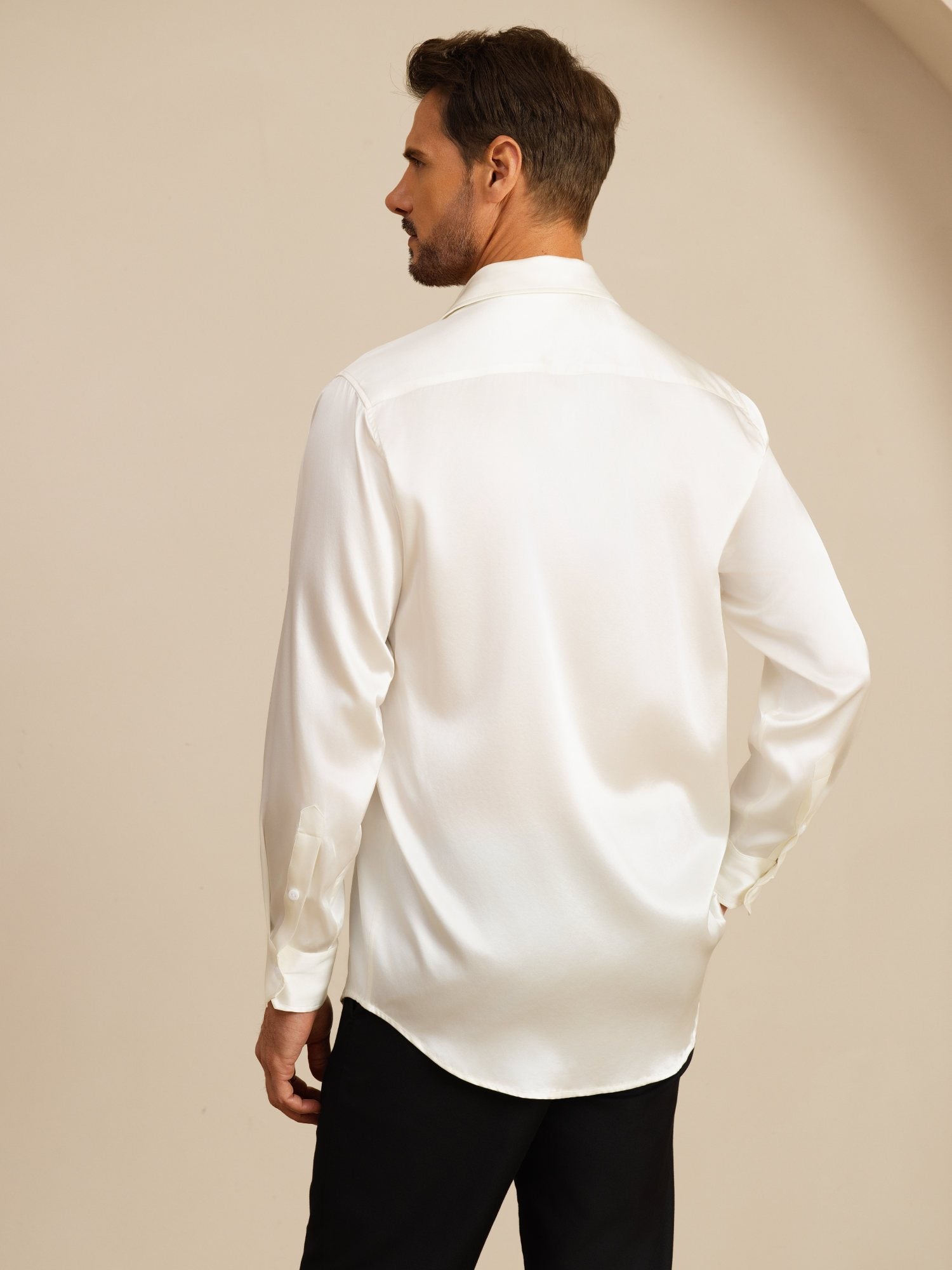 [White] SilkSilky  Long Sleeve Lapel Collar Men's Shirt 002