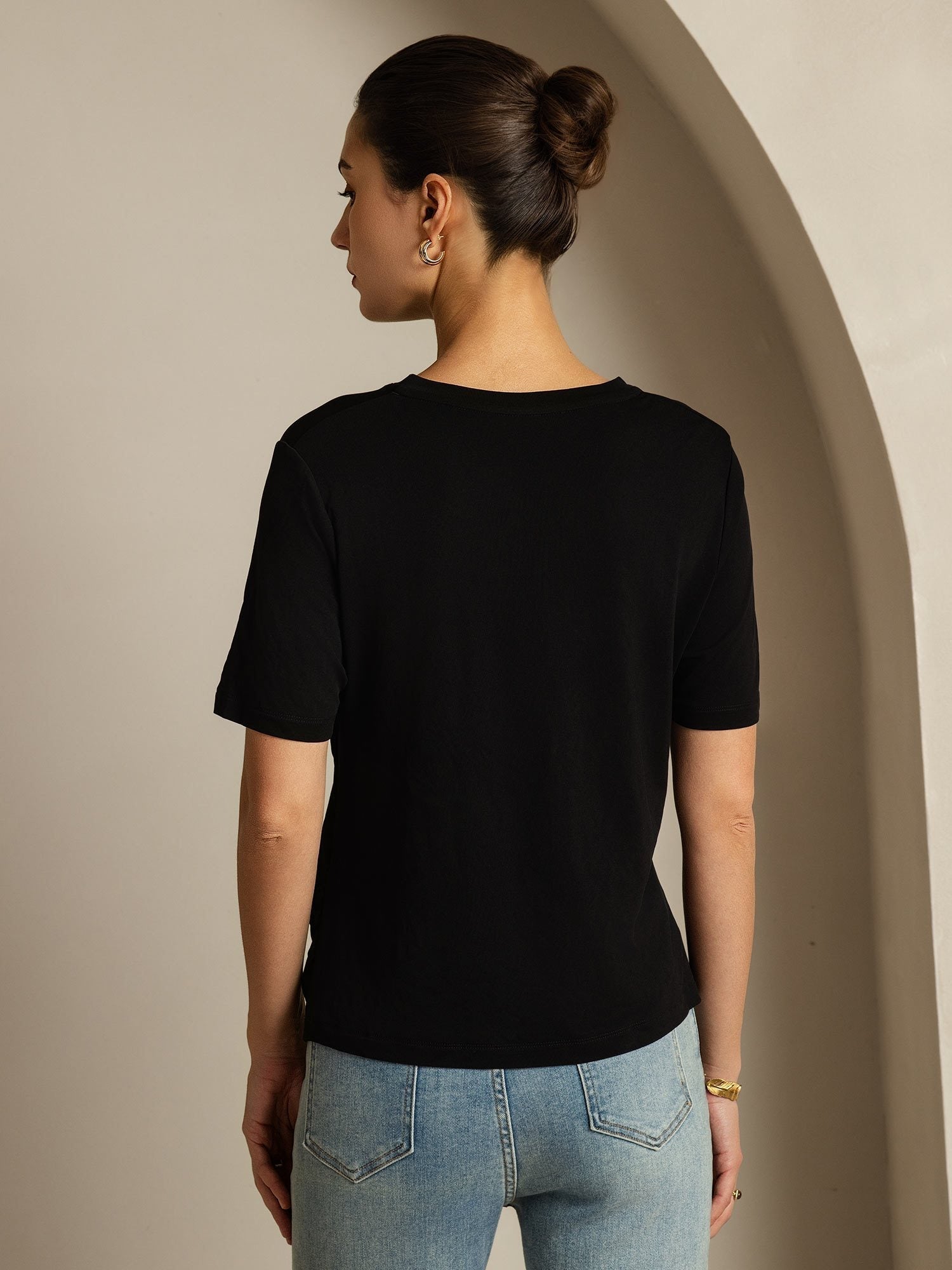 [Black] SilkSilky  100% High-Twist Silk Jersey Short Sleeve V Neck Women's T-Shirt 002