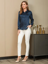 [Dark Blue] SilkSilky  Long Sleeve Lapel Collar Women's Shirts 006