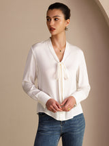 [White] SilkSilky  Long Sleeve Tie Neck Women's Blouse 004