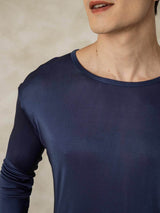 [Dark Blue] SilkSilky  Silk Jersey Long Sleeve Round Neck Men's Long Johns 004