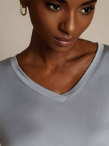 Light gray pure silk V-neck short sleeve women's T-shirt with slim fit