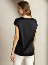 Black silk round neck cap sleeve top with sheer V insert, back view
