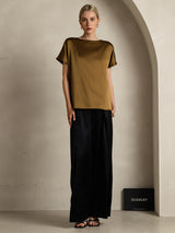 [Brown] SilkSilky  Short Sleeve Boat Neck Women's T-Shirt 007