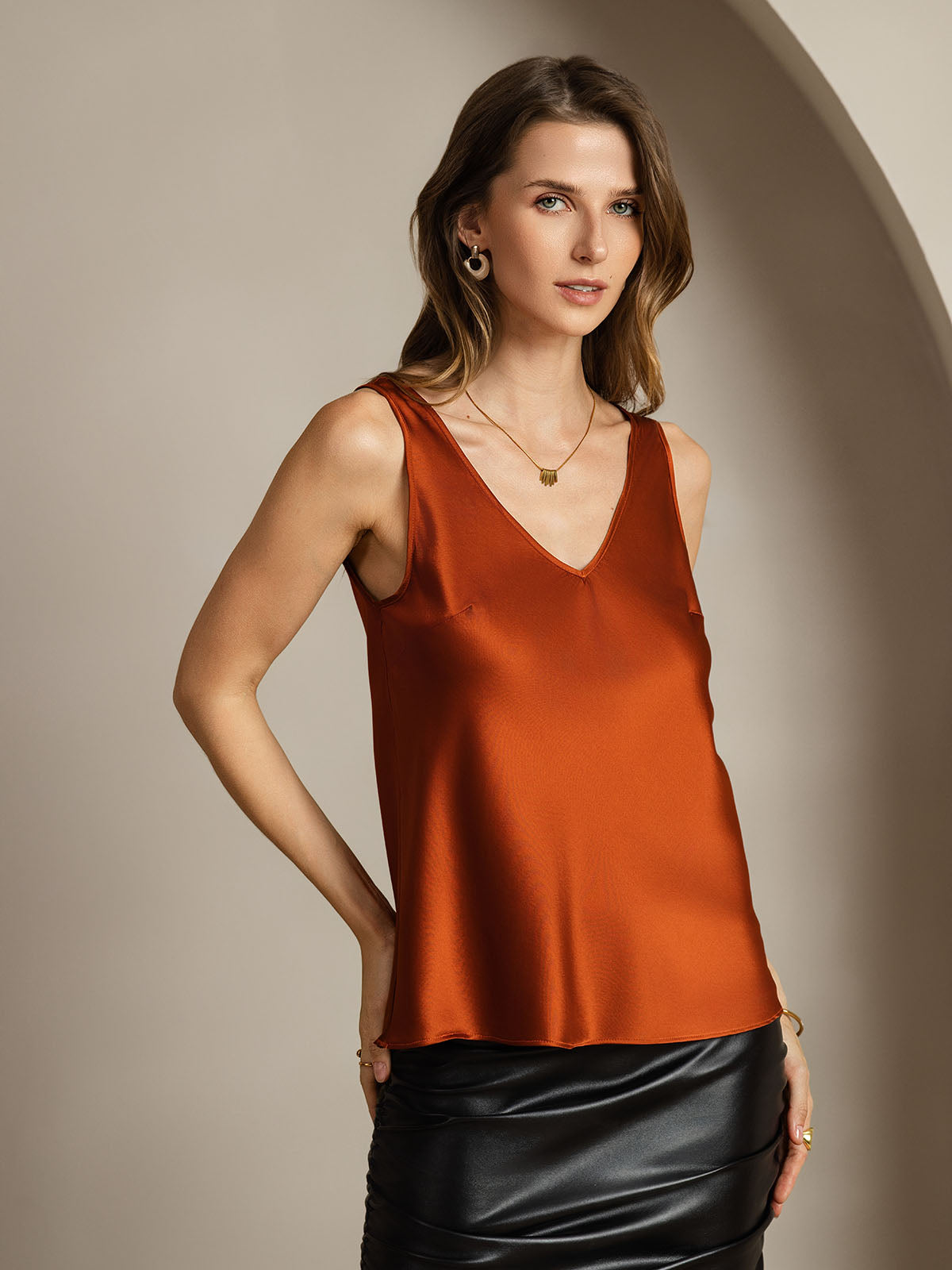 [Caramel] SilkSilky  Sleeveless V Neck Camisole Top 002