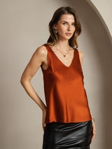 Rust orange silk sleeveless V-neck tank top with straight fit