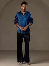 [Teal] SilkSilky  Long Sleeve Lapel Collar Women's Shirts 005