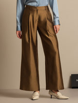 Brown silk-wool blend wide-leg women's pants with high waist and side pockets
