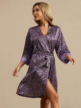 Purple leopard print silk knee-length kimono robe with belted waist and 3/4 sleeves