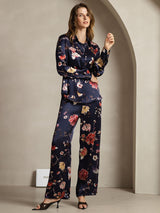 [Navy Floral] SilkSilky  19Momme Silk Lapel Collar Women''s Outfit Sets 004