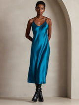 [Teal] SilkSilky  Spaghetti Strap V Neck Dress 005