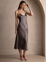 [Dark Khaki] SilkSilky  Spaghetti Strap V Neck Dress 007