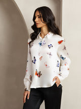 [White Butterfly] SilkSilky  Long Sleeve Lapel Collar Women's Shirts 005