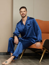 [Dark Blue] SilkSilky  Long Sleeve Lapel Collar Men's Pajamas 003