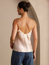 [Pink] Back view of champagne silk camisole with lace trim and spaghetti straps 002