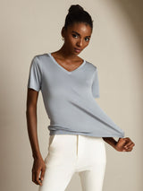 Light blue pure silk V-neck short sleeve women's T-shirt