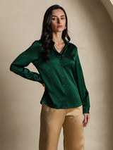 [Dark Green] SilkSilky  19Momme Stretch Silk Charmeuse Long Sleeve Lapel Collar Women's Shirt 001