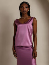 Women's lilac silk sleeveless V-neck tank top with straight fit