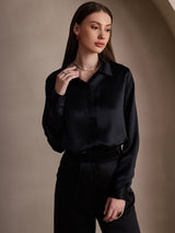 [Black] SilkSilky  Long Sleeve Lapel Collar Women's Shirts 001