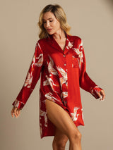 [Dark Red] SilkSilky  Long Sleeve Lapel Collar Nightshirt 001