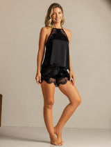 Black silk sleeveless halter camisole set with lace trim and shorts