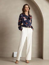 [Navy Floral] SilkSilky  Long Sleeve Lapel Collar Women's Shirts 004