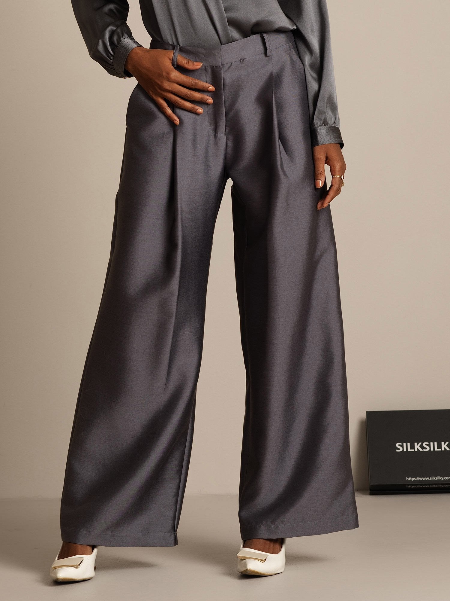 [Gray] SilkSilky  32Momme Silk-Wool Blend Women's Pants 001