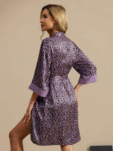 Lilac silk kimono robe with leopard print, belted waist and three-quarter sleeves