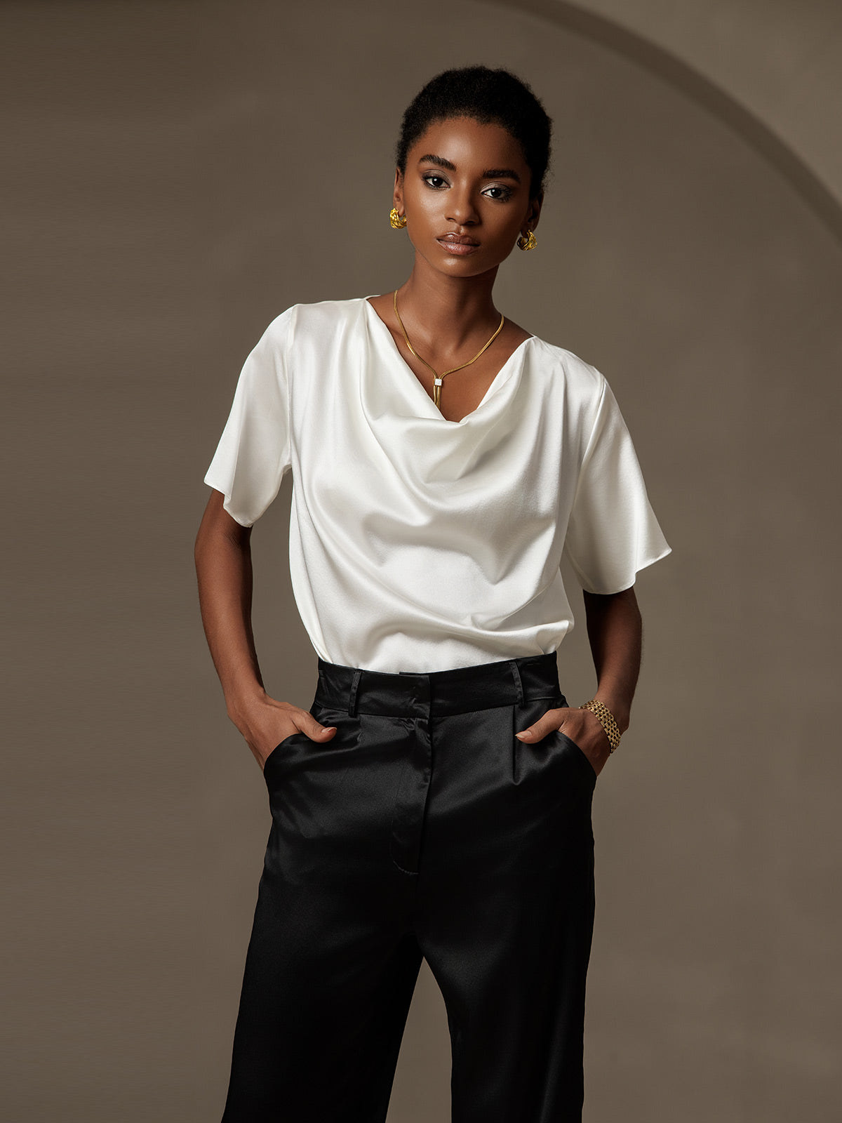 [White] SilkSilky  Short Sleeve Cowl Neck Women's Blouse 001