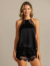 Black silk halter camisole and lace shorts set for women