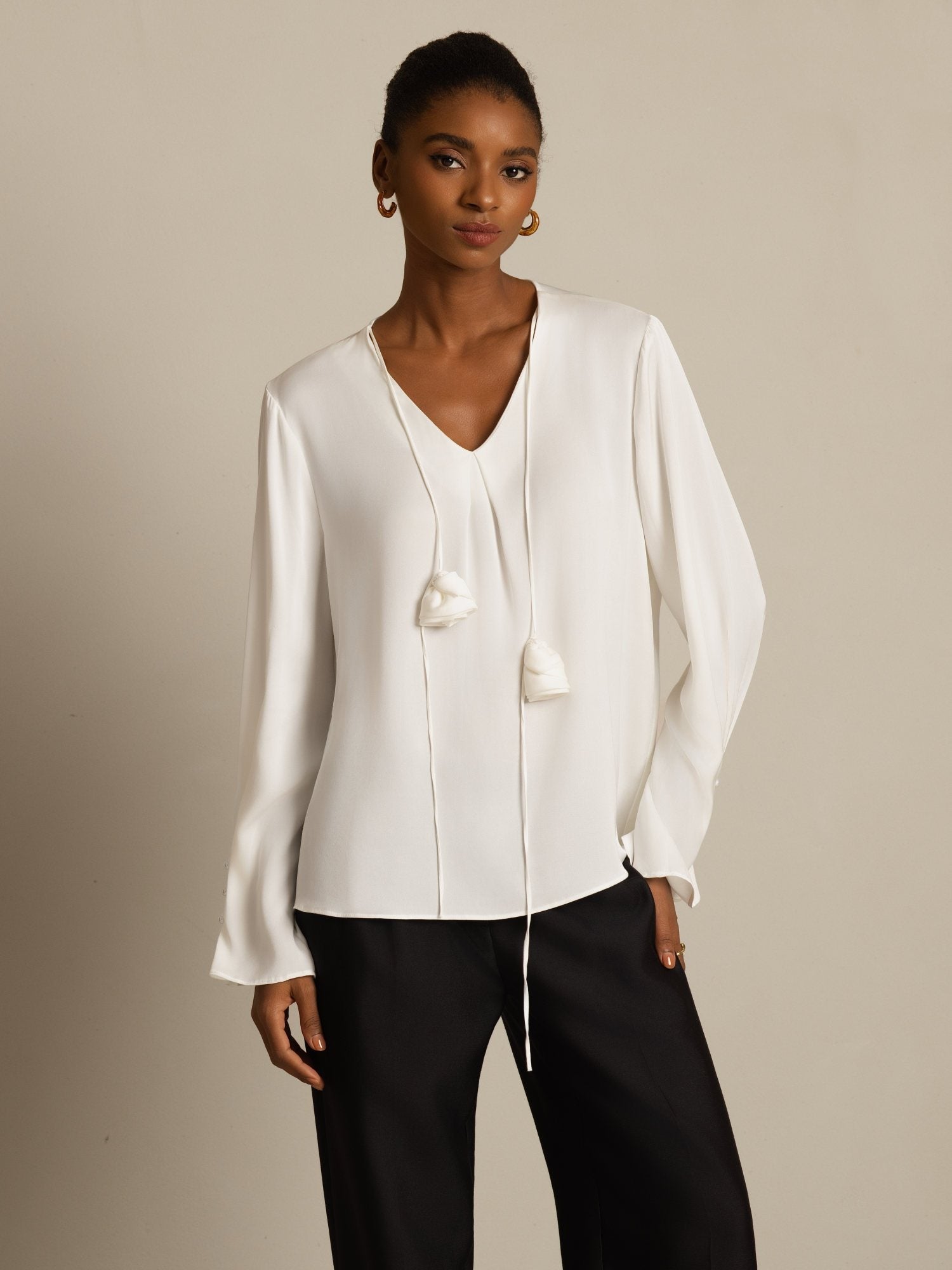 [White] SilkSilky  Long Sleeve V Neck Women's Blouse 001
