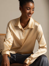 [Champagne] SilkSilky  19Momme Long Sleeve Lapel Collar Women's Shirt 001