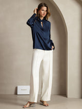 [Dark Blue] SilkSilky  Long Sleeve Keyhole Neck Women's Blouse 007