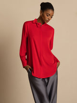 Red silk long sleeve stand collar blouse with bow detail and hidden button front