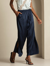 Women's navy silk wide-leg pants with elastic waist and side slits