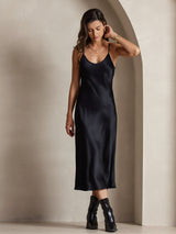 [Black] SilkSilky  Spaghetti Strap V Neck Dress 006