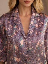 Women's mulberry silk palm tree print short sleeve button-up pajama top
